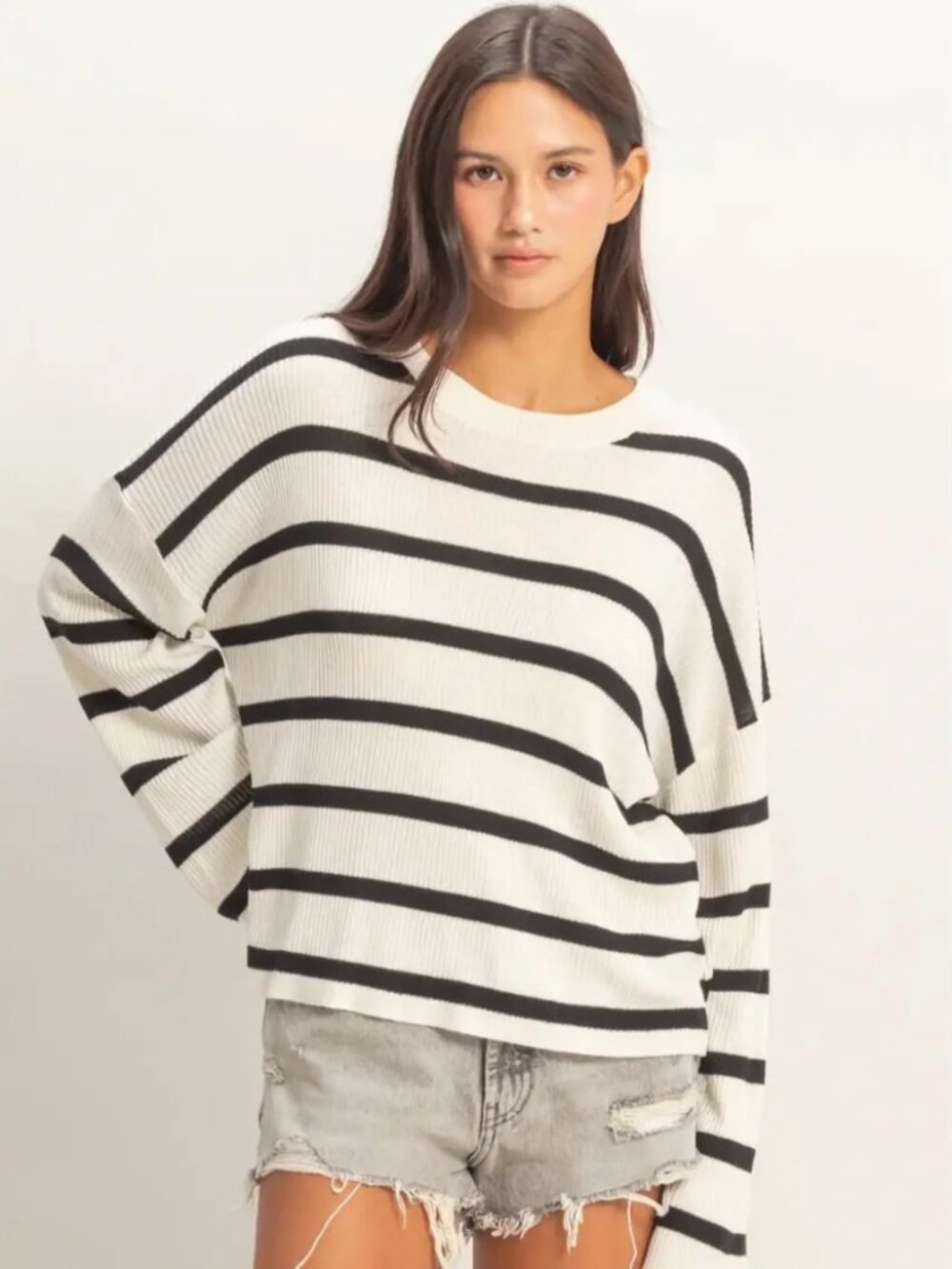 Wide Sleeve Striped Sweater Lightweight